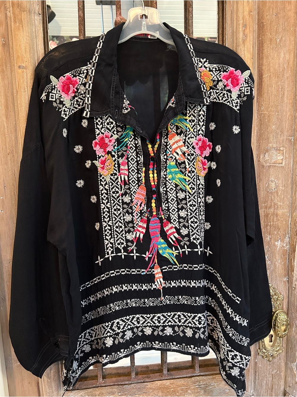 Johnny Was Black Tunic with Multicolor Floral & Bird Embroidery